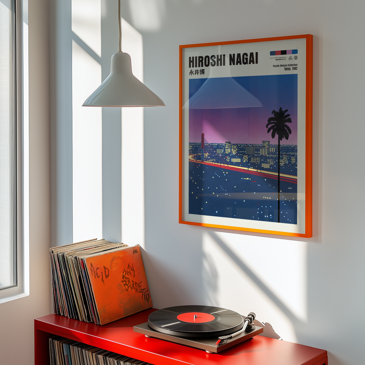 Hiroshi Nagai Pacific Breeze Poster, Tokyo Night Bridge, Palm Tree, Pink Sunset, Japanese Cityscape, Retro City Pop Wall Art