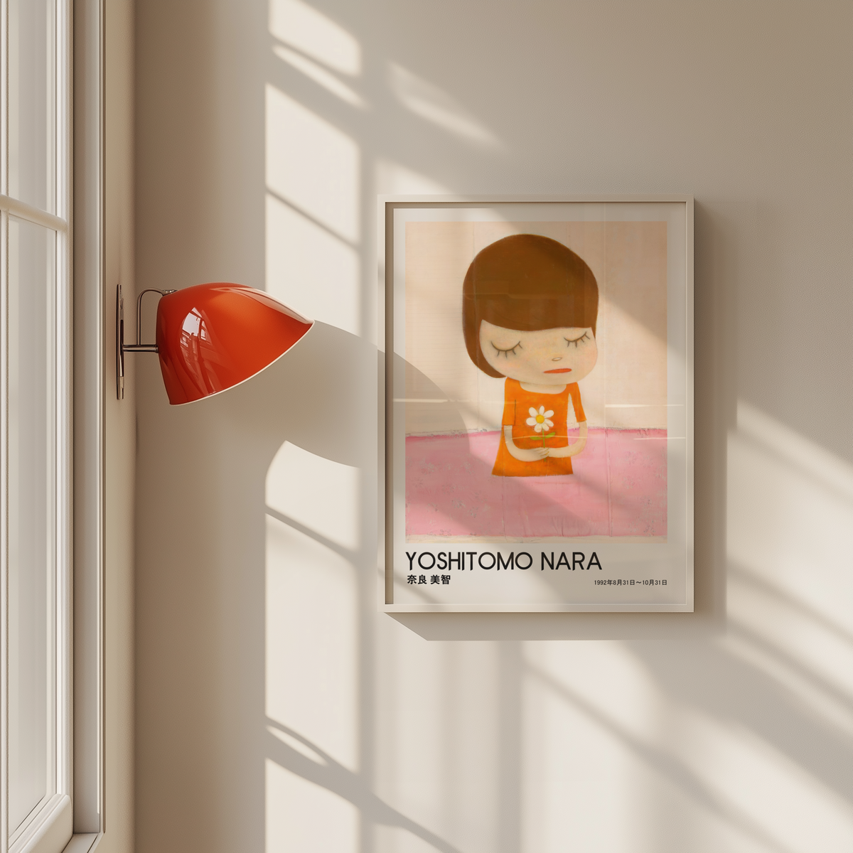Yoshitomo Nara Girl Holding White Flower Poster, Orange Dress Pink Background, Japanese Contemporary Art Print