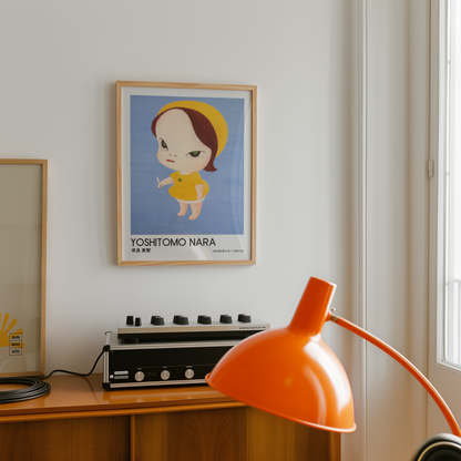 Yoshitomo Nara Yellow Girl with Knife Poster, Blue Background Japanese Art Print, Contemporary Wall Decor, Kawaii Artwork