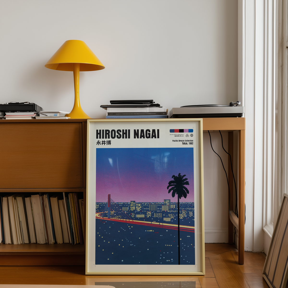 Hiroshi Nagai Pacific Breeze Poster, Tokyo Night Bridge, Palm Tree, Pink Sunset, Japanese Cityscape, Retro City Pop Wall Art