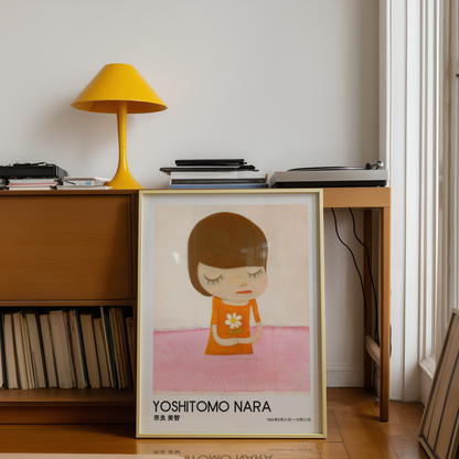 Yoshitomo Nara Girl Holding White Flower Poster, Orange Dress Pink Background, Japanese Contemporary Art Print