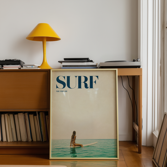 Minimalist Surf Poster, Vintage Surfer Girl Art Print, Retro Ocean Wall Decor, Coastal Beach House Art