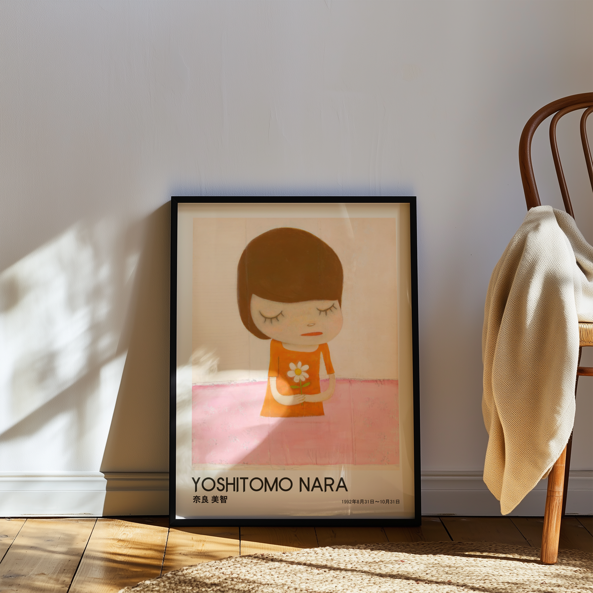 Yoshitomo Nara Girl Holding White Flower Poster, Orange Dress Pink Background, Japanese Contemporary Art Print