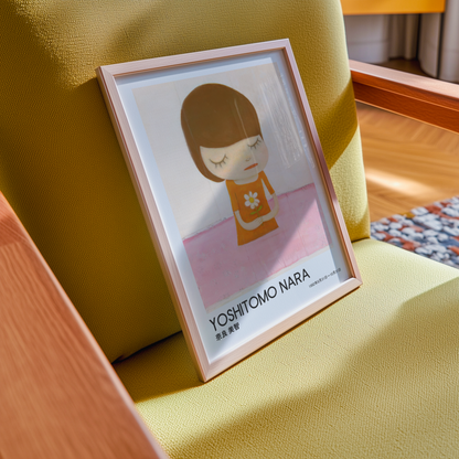 Yoshitomo Nara Girl Holding White Flower Poster, Orange Dress Pink Background, Japanese Contemporary Art Print