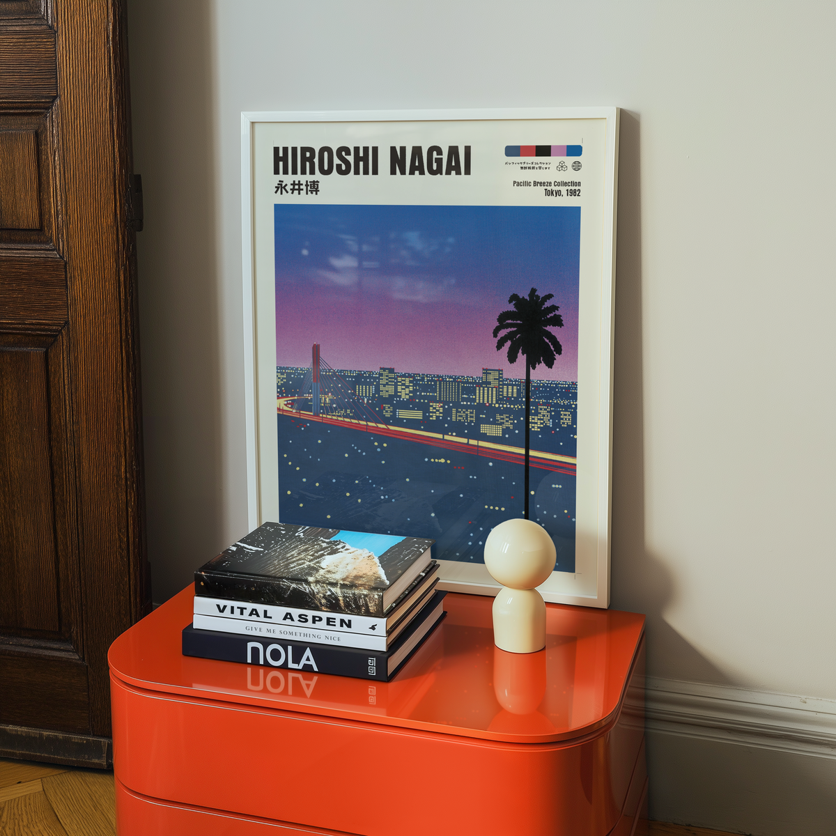 Hiroshi Nagai Pacific Breeze Poster, Tokyo Night Bridge, Palm Tree, Pink Sunset, Japanese Cityscape, Retro City Pop Wall Art