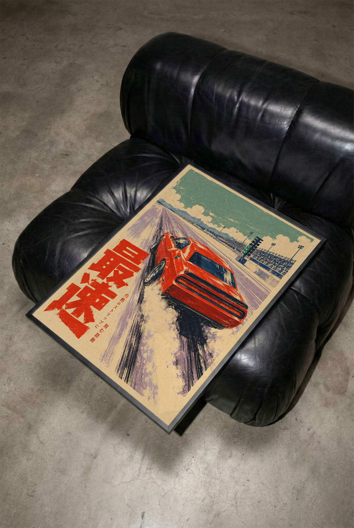 Japanese Drag Racing Poster, Red Muscle Car Launching on the Track, Retro Motorsport Wall Art