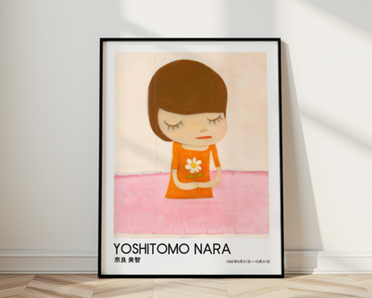 Yoshitomo Nara Girl Holding White Flower Poster, Orange Dress Pink Background, Japanese Contemporary Art Print