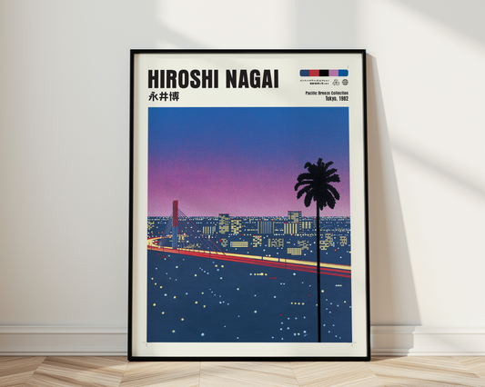 Hiroshi Nagai Pacific Breeze Poster, Tokyo Night Bridge, Palm Tree, Pink Sunset, Japanese Cityscape, Retro City Pop Wall Art
