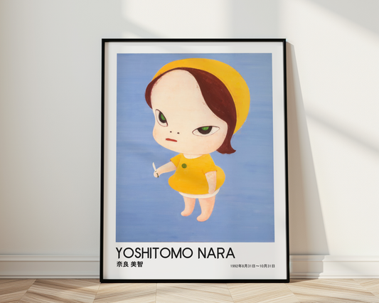 Yoshitomo Nara Yellow Girl with Knife Poster, Blue Background Japanese Art Print, Contemporary Wall Decor, Kawaii Artwork