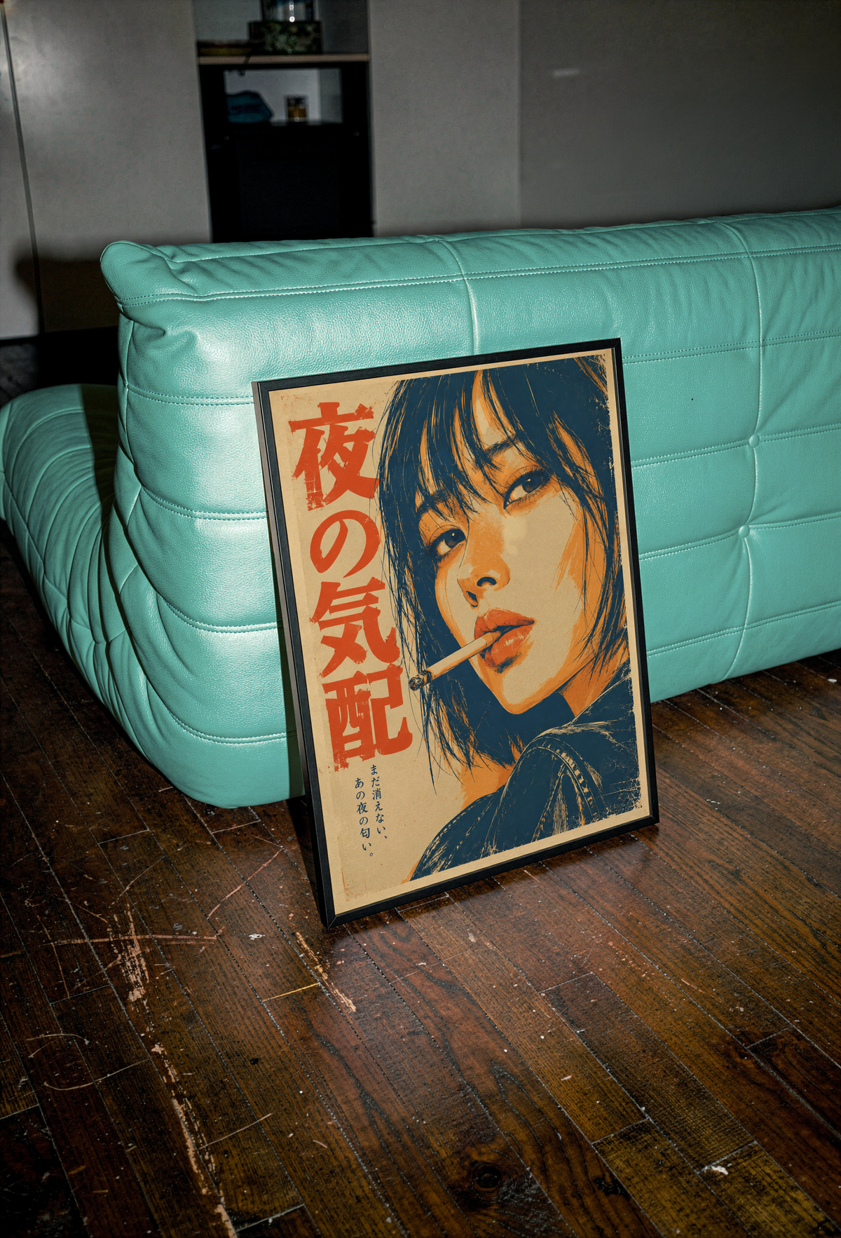 Japanese Retro Woman Portrait Poster, Cigarette and Leather Jacket, Navy Orange and Cream Cinema Wall Art