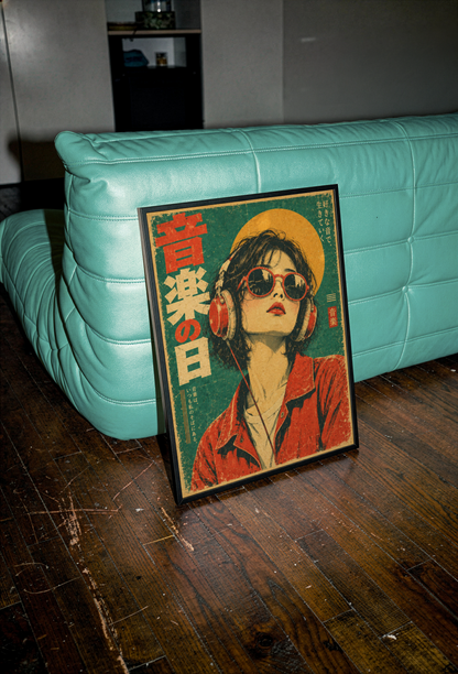 Japanese Pop Art Music Poster, Woman with Headphones and Sunglasses, Retro Portrait Wall Decor
