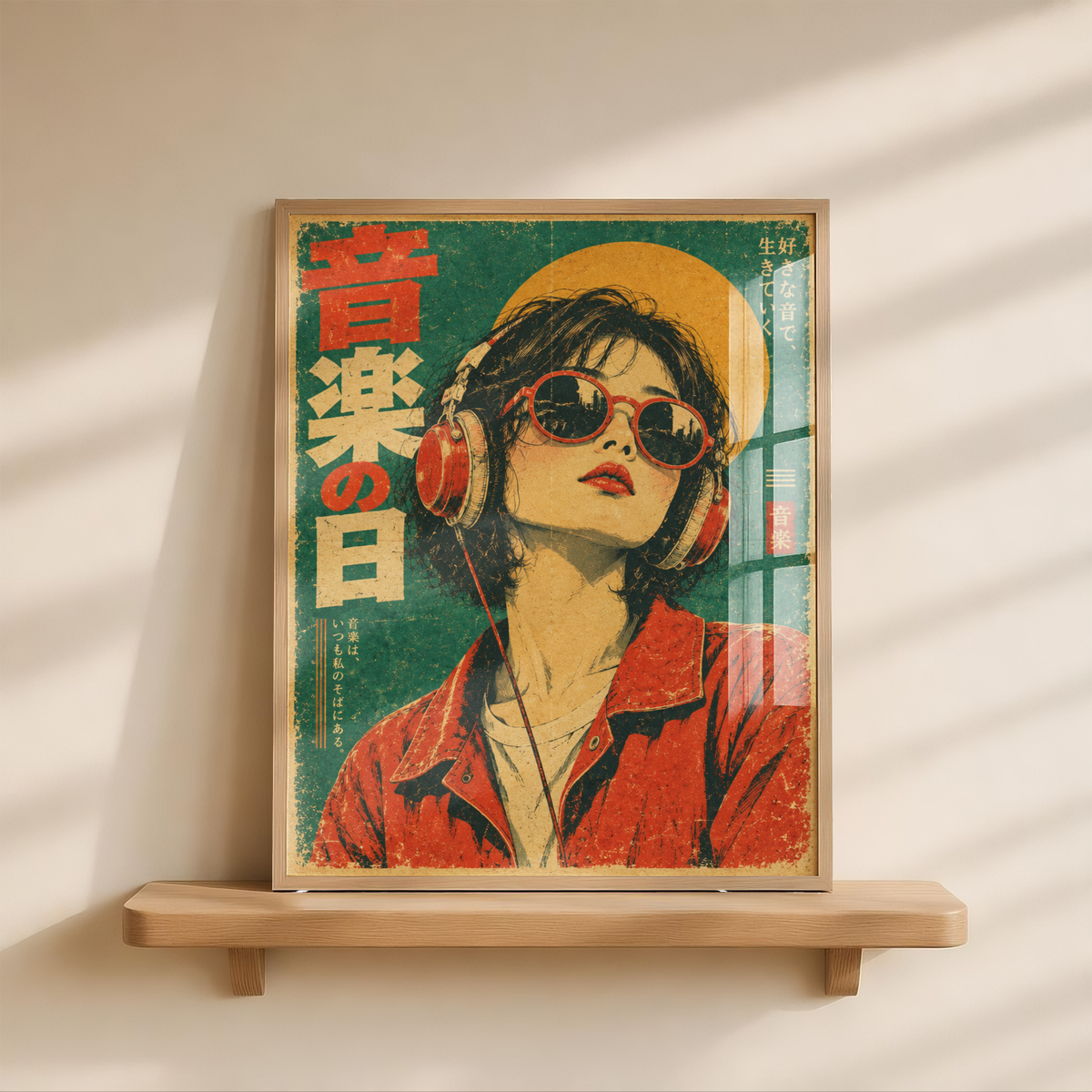 Japanese Pop Art Music Poster, Woman with Headphones and Sunglasses, Retro Portrait Wall Decor