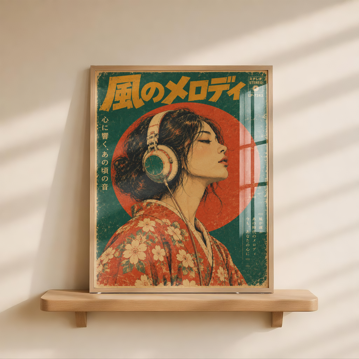 Vintage Japanese Music Poster, Woman Wearing Headphones, Retro Vinyl Era Wall Art