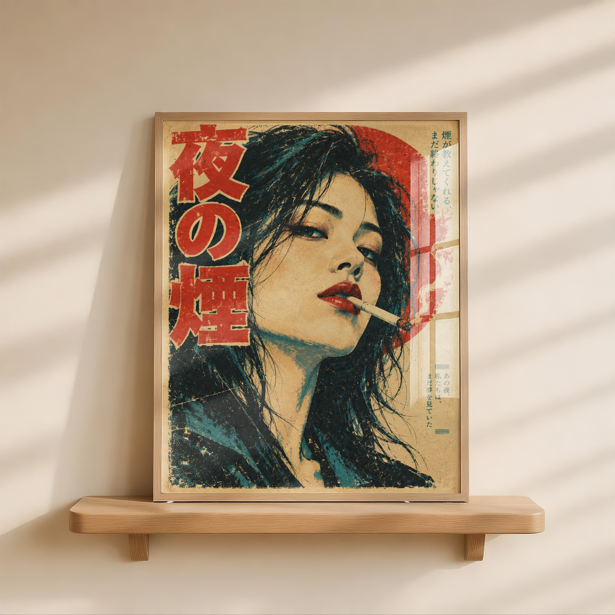 Vintage Japanese Noir Poster, Woman Smoking at Night, Retro Cinematic Portrait Wall Art