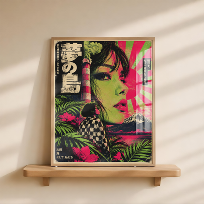 Surreal Japanese Pop Art Poster, Woman Portrait and Mount Fuji, Retro Tropical Collage