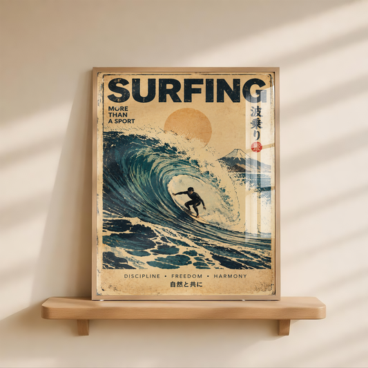 Japanese Surf Poster, Vintage Wave Art Print, Japan Ocean Wall Decor, Surfer Print, Retro Coastal Beach Art
