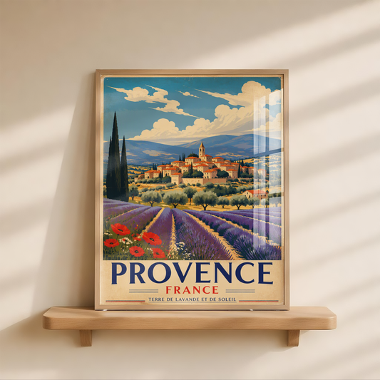 Provence Travel Poster, Affiche Vintage France, Décoration Murale Provence, Wall Art Voyage, Champs de Lavande et Village