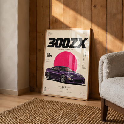 Purple 90s Japanese Sports Car Poster, JDM Coupe Wall Art, Retro Performance Car Print, Minimalist Garage Decor