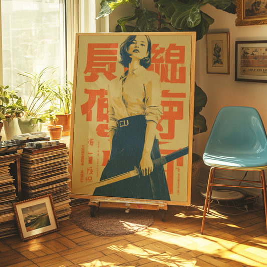 Affiche Japonaise Vintage Femme au Sabre, Wall Art Rétro Japonais, Poster Orange et Bleu, Décoration Murale Graphique