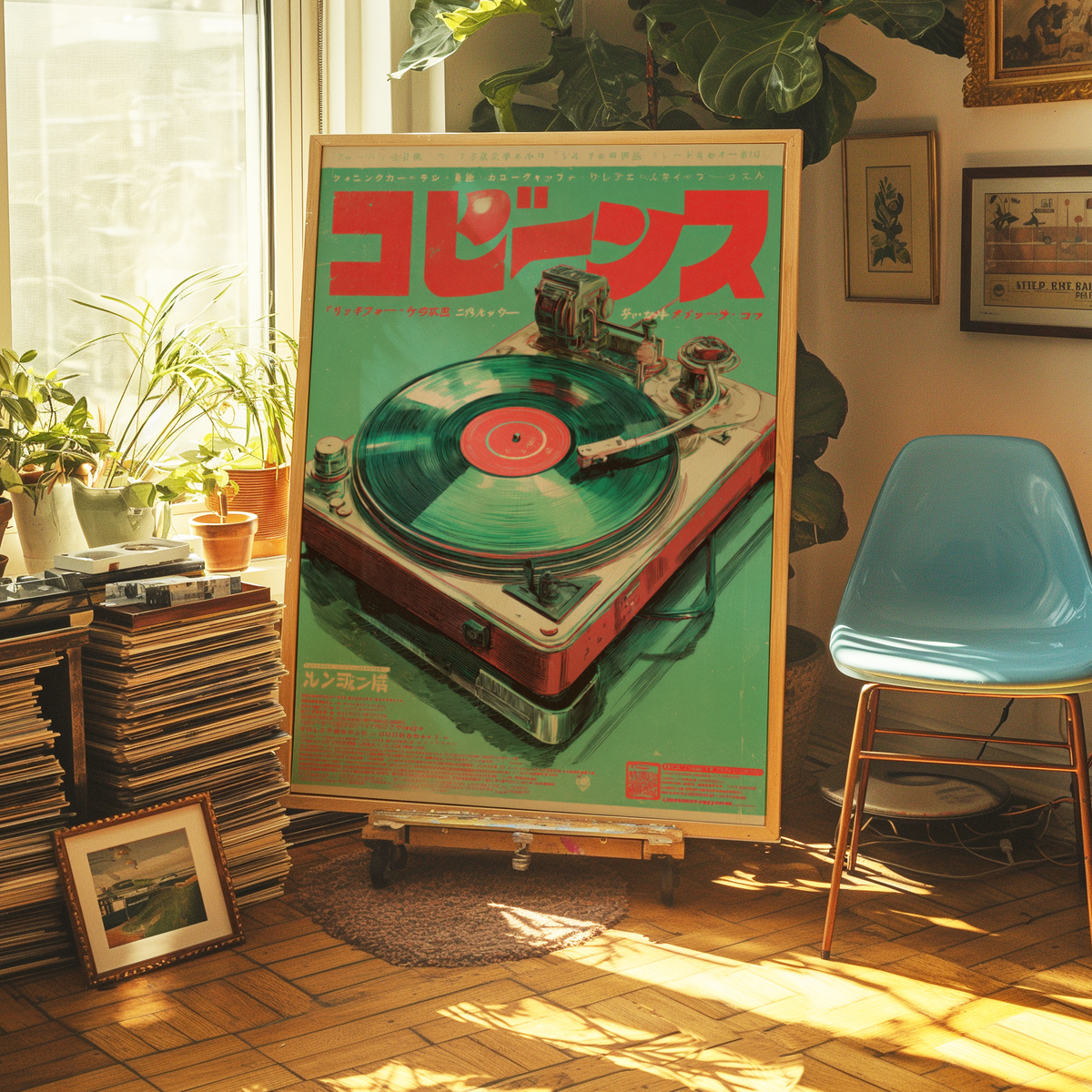 Electric Retro Vinyl Turntable Spinning a Record in a Bold Green and Red Japanese Poster Design