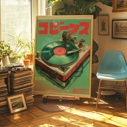 Electric Retro Vinyl Turntable Spinning a Record in a Bold Green and Red Japanese Poster Design