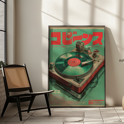 Electric Retro Vinyl Turntable Spinning a Record in a Bold Green and Red Japanese Poster Design
