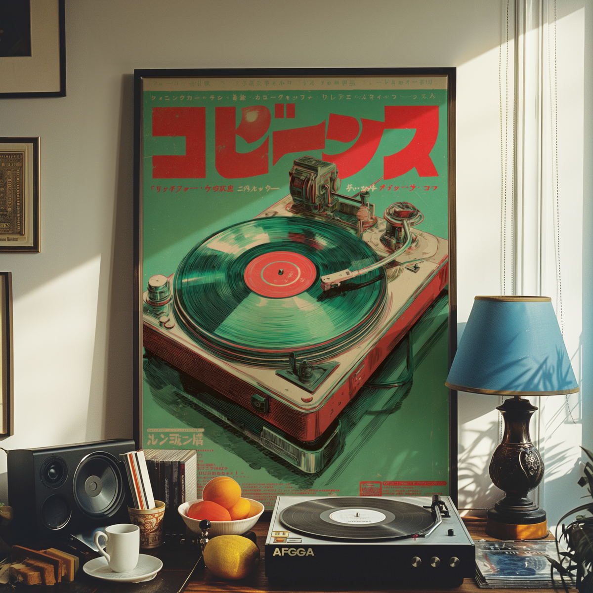 Electric Retro Vinyl Turntable Spinning a Record in a Bold Green and Red Japanese Poster Design
