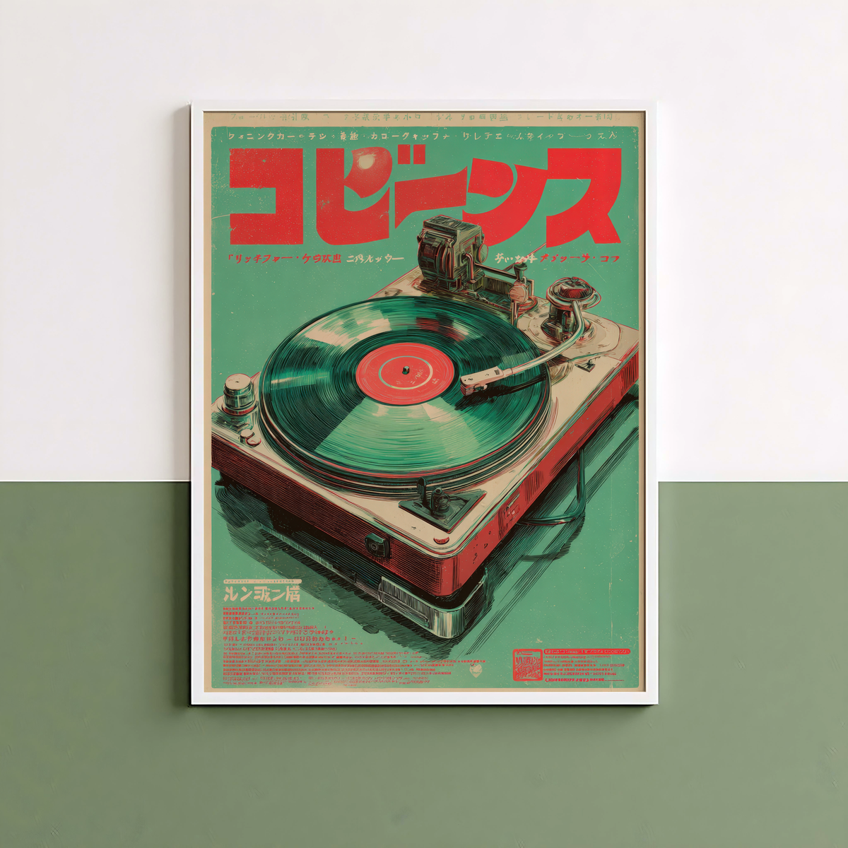 Electric Retro Vinyl Turntable Spinning a Record in a Bold Green and Red Japanese Poster Design