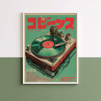 Electric Retro Vinyl Turntable Spinning a Record in a Bold Green and Red Japanese Poster Design