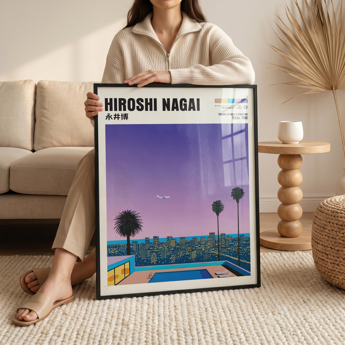 Hiroshi Nagai Pacific Breeze Poster, Tokyo Night Pool Art, Japanese City Pop Print, Retro Skyline Wall Decor, 80s Summer Artwork