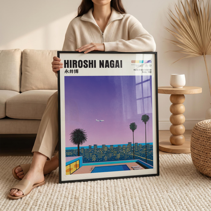 Hiroshi Nagai Pacific Breeze Poster, Tokyo Night Pool Art, Japanese City Pop Print, Retro Skyline Wall Decor, 80s Summer Artwork
