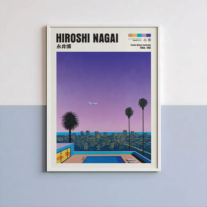 Hiroshi Nagai Pacific Breeze Poster, Tokyo Night Pool Art, Japanese City Pop Print, Retro Skyline Wall Decor, 80s Summer Artwork