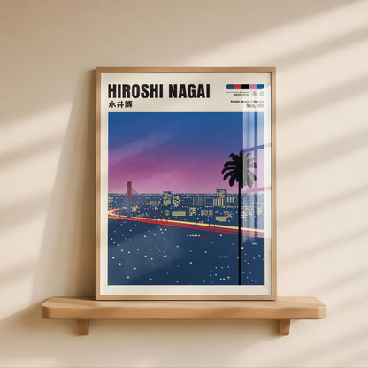Hiroshi Nagai Pacific Breeze Poster, Tokyo Night Bridge, Palm Tree, Pink Sunset, Japanese Cityscape, Retro City Pop Wall Art
