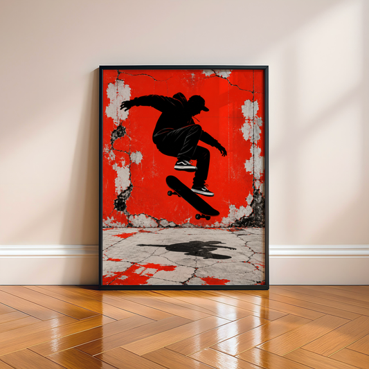 Skateboarding Poster, Black Silhouette Skater Wall Art, Red Grunge Skate Print, Urban Street Art, Skate Room Decor, Vintage Skate Culture