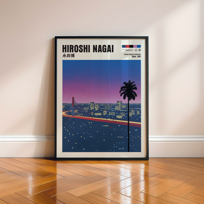 Hiroshi Nagai Pacific Breeze Poster, Tokyo Night Bridge, Palm Tree, Pink Sunset, Japanese Cityscape, Retro City Pop Wall Art