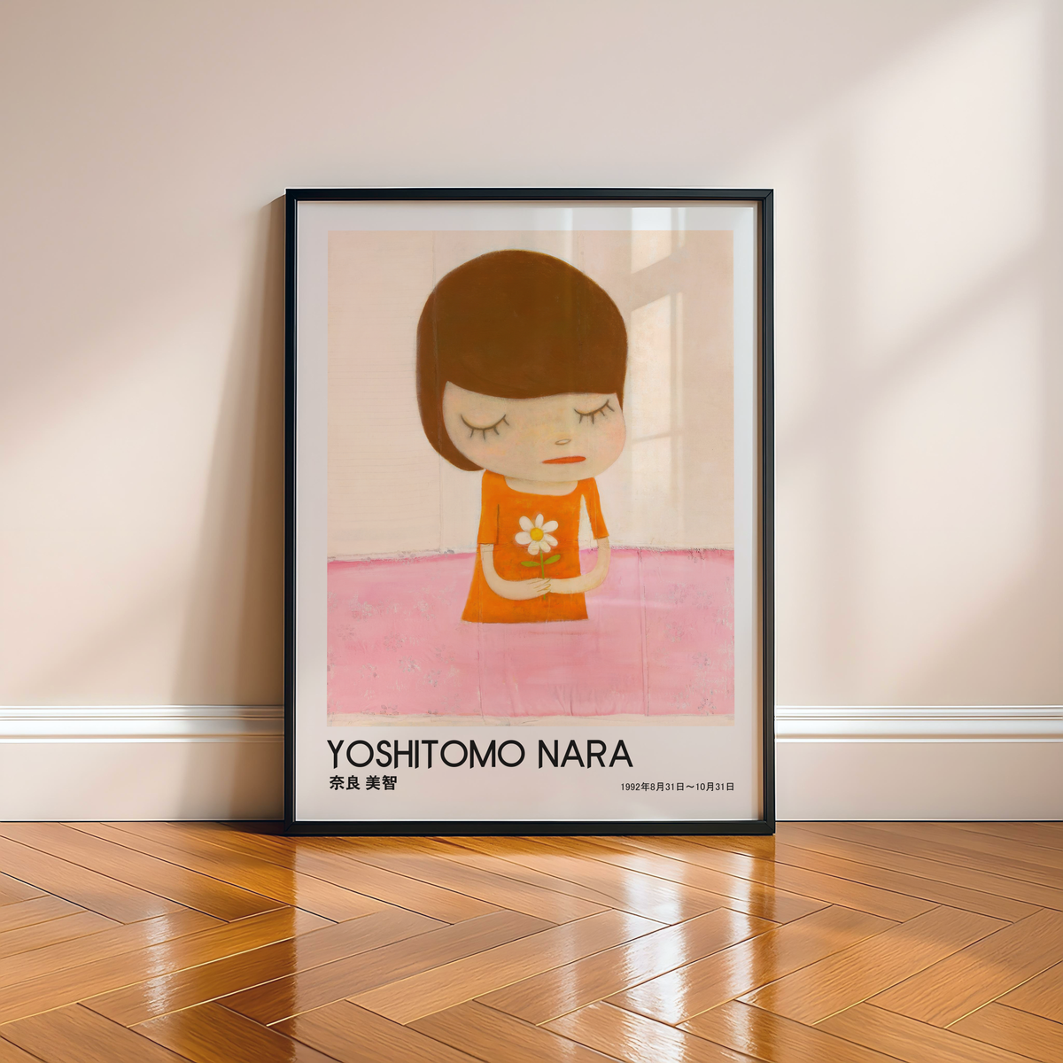Yoshitomo Nara Girl Holding White Flower Poster, Orange Dress Pink Background, Japanese Contemporary Art Print