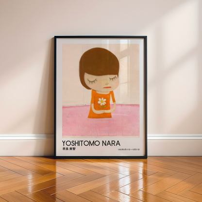 Yoshitomo Nara Girl Holding White Flower Poster, Orange Dress Pink Background, Japanese Contemporary Art Print