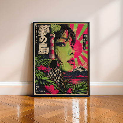 Surreal Japanese Pop Art Poster, Woman Portrait and Mount Fuji, Retro Tropical Collage