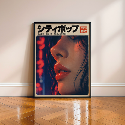 Japanese City Pop Poster, 1970s Tokyo Night Portrait, Retro Magazine Cover Style Wall Art