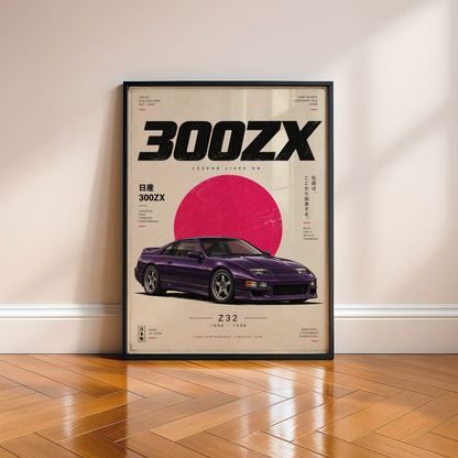 Purple 90s Japanese Sports Car Poster, JDM Coupe Wall Art, Retro Performance Car Print, Minimalist Garage Decor