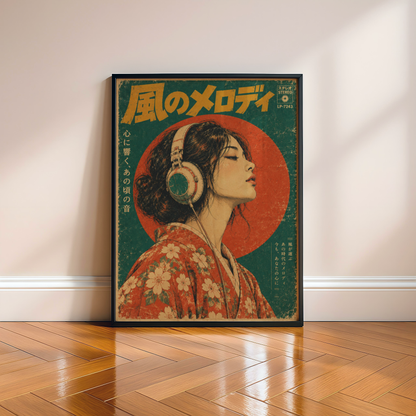 Vintage Japanese Music Poster, Woman Wearing Headphones, Retro Vinyl Era Wall Art