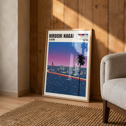 Hiroshi Nagai Pacific Breeze Poster, Tokyo Night Bridge, Palm Tree, Pink Sunset, Japanese Cityscape, Retro City Pop Wall Art