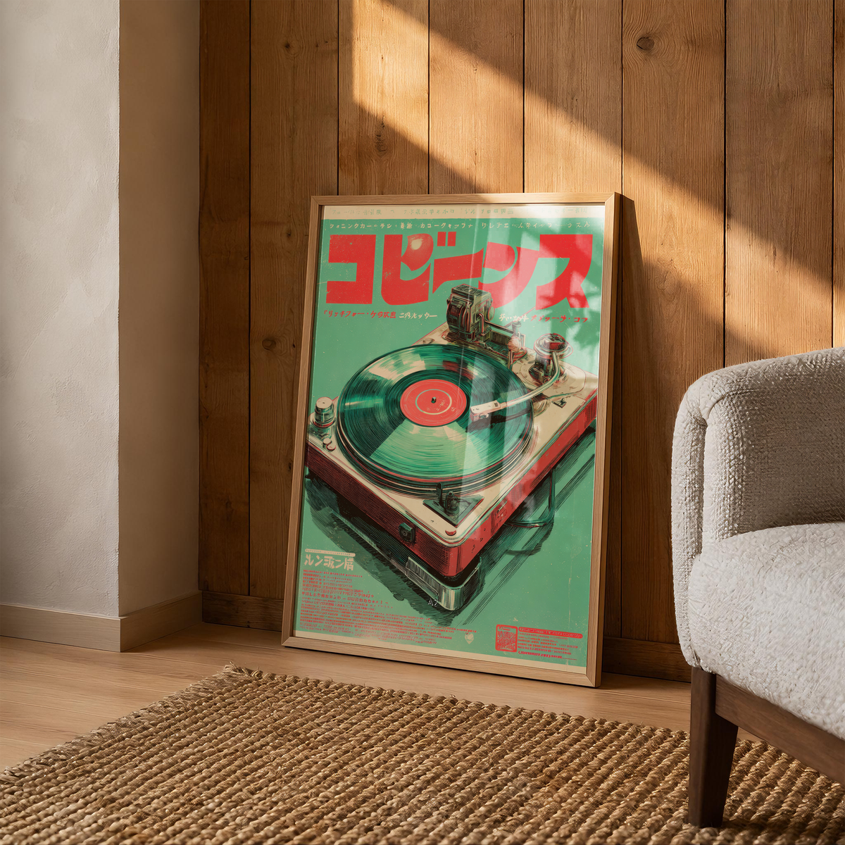 Electric Retro Vinyl Turntable Spinning a Record in a Bold Green and Red Japanese Poster Design