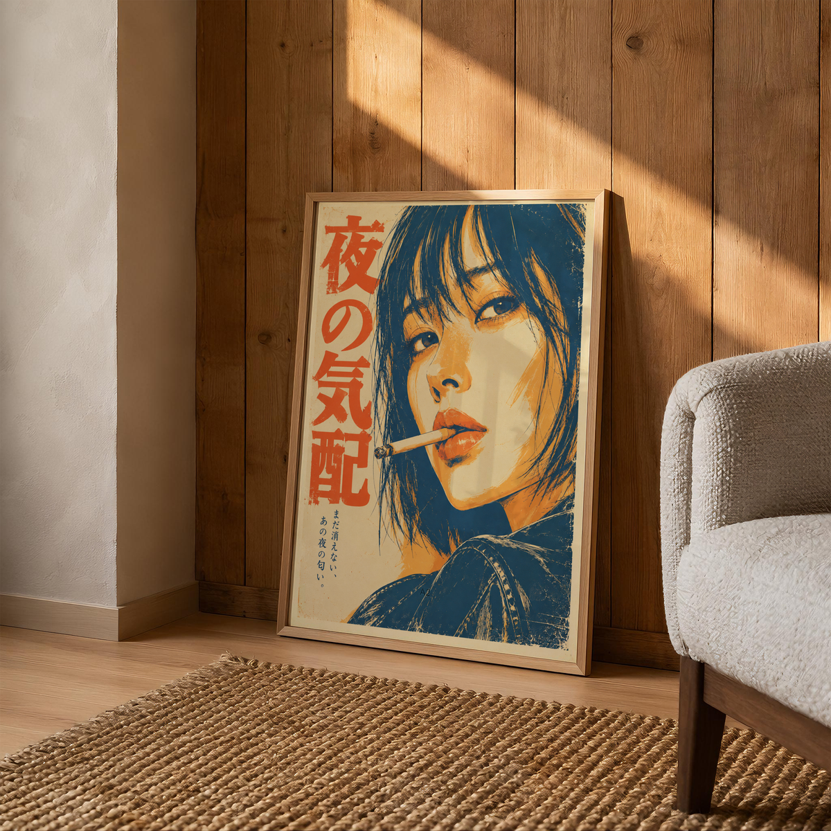 Japanese Retro Woman Portrait Poster, Cigarette and Leather Jacket, Navy Orange and Cream Cinema Wall Art