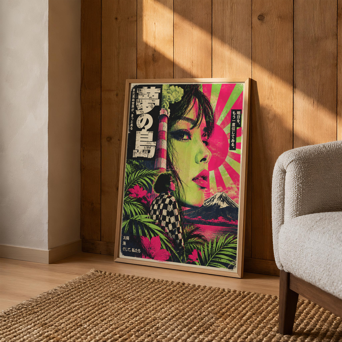Surreal Japanese Pop Art Poster, Woman Portrait and Mount Fuji, Retro Tropical Collage