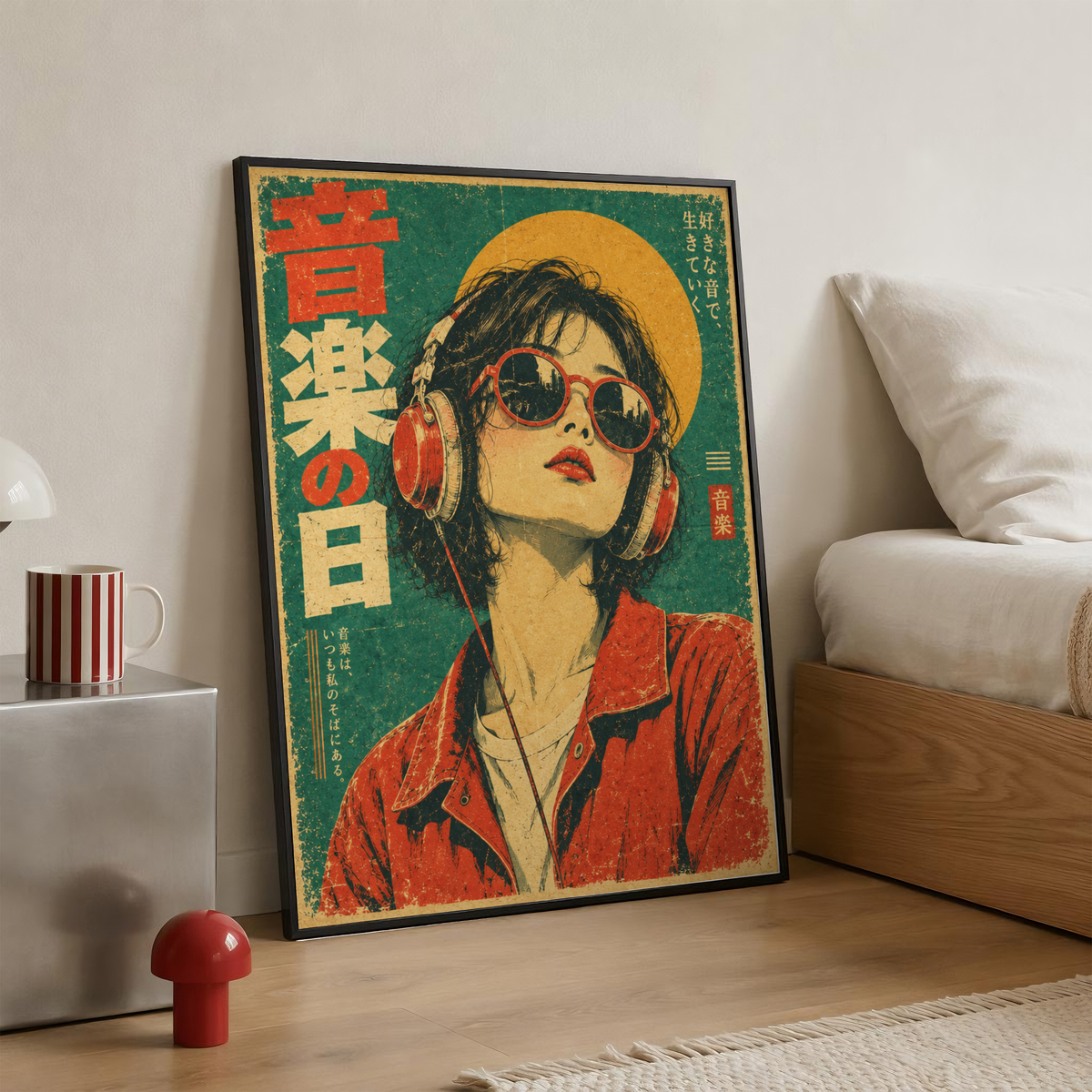 Japanese Pop Art Music Poster, Woman with Headphones and Sunglasses, Retro Portrait Wall Decor