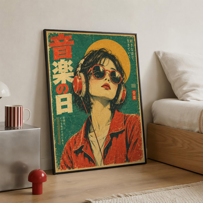 Japanese Pop Art Music Poster, Woman with Headphones and Sunglasses, Retro Portrait Wall Decor