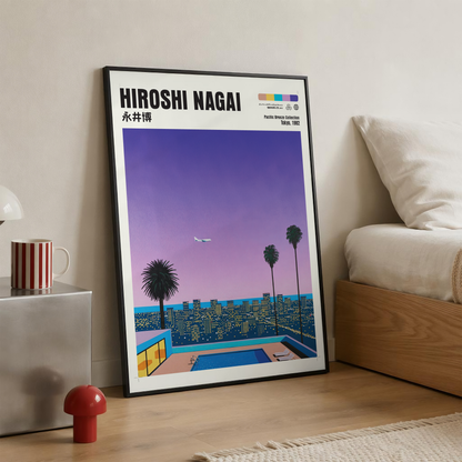 Hiroshi Nagai Pacific Breeze Poster, Tokyo Night Pool Art, Japanese City Pop Print, Retro Skyline Wall Decor, 80s Summer Artwork