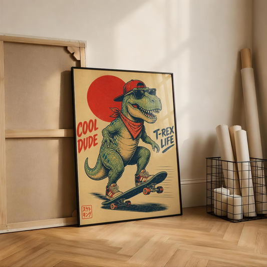 Skateboarding T-Rex Poster, Dinosaur Skateboard Wall Art, Cool Dude Retro Print, Vintage Skate Art, Fun Skate Room Decor, Streetwear Art
