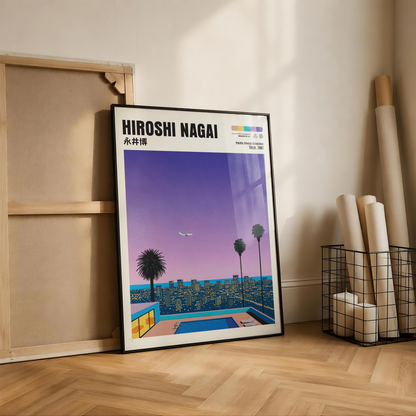Hiroshi Nagai Pacific Breeze Poster, Tokyo Night Pool Art, Japanese City Pop Print, Retro Skyline Wall Decor, 80s Summer Artwork